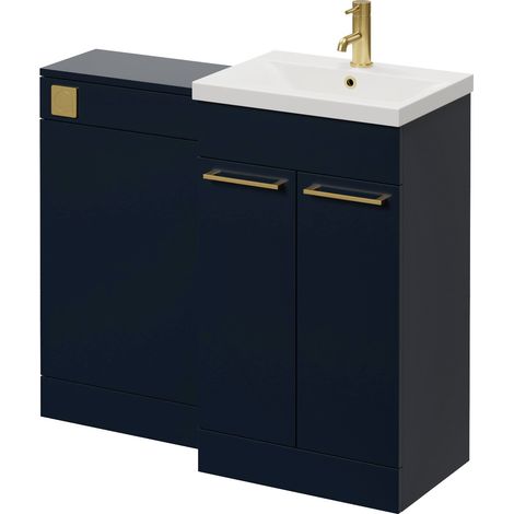 Napoli 390 Deep Blue 1000mm 2 Door Vanity Unit Toilet Suite with Glide Basin - 1000mm - Brushed Brass 160mm HandleWithout Kingston Toilet Pan