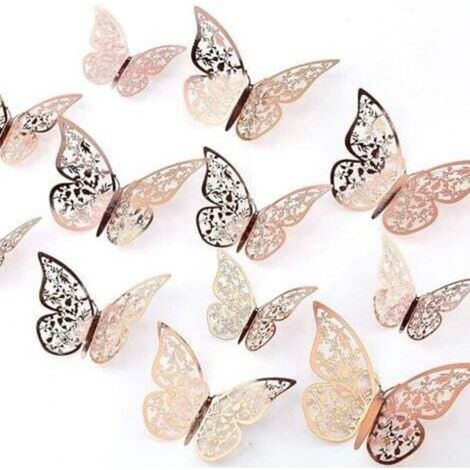 Oro rosa, 24 adesivi 3D a forma di farfalla, 3 misure, decorazioni murali per camera da letto, feste, matrimoni