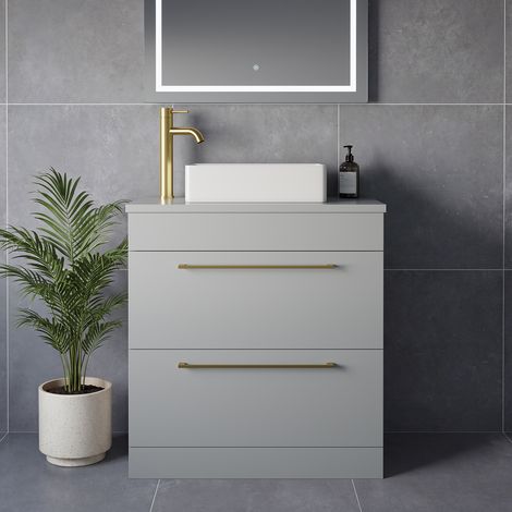 Napoli 390 Gloss Grey Pearl 800mm 2 Drawer Vanity Unit for Countertop Basins - 800mm - Brushed Brass 480mm Handle