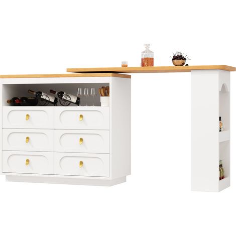 Mesa de Comedor Extensible con 6 Cajones, Estante Lateral y Tablero Giratorio, en MDF, 137-203x39x90 cm, Blanco (1/5)