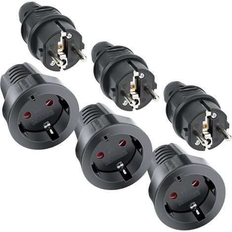6 PCS Fiche Schuko et Raccord, Kit Schuko Fiche + Prise Femelle Étanche IP44, 250V 16A Fiches Europe Schuko, Fiche d'alimentation étanche, Fiche D'alimentation de Contact de Protection (1/5)