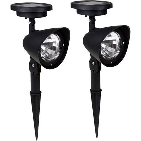 Lampe solaire d'extérieur ultra-résistante avec panneau solaire réglable et prise au sol pour jardin, cour, allée, piscine, balcon (2 pièces blanc froid) (noir) (1/5)