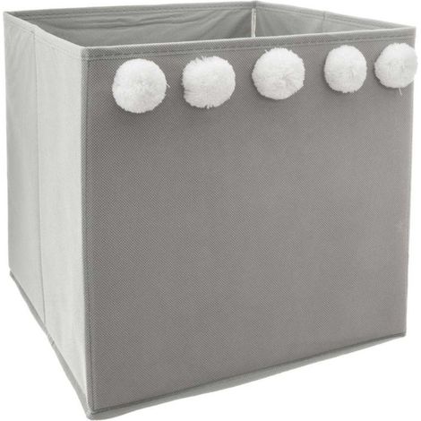 Boîte de Rangement Pliable 5 Pompons 29x29cm Gris