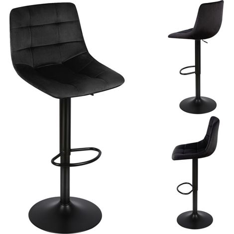 Tabouret Bar Lot de 2, Tabouret de Bar Réglable en Hauteur en velours, Chaise de Bar avec Dossier et Repose-Pieds, Chaise Haute Cuisine Pivotant, Moderne, Noir (1/5)