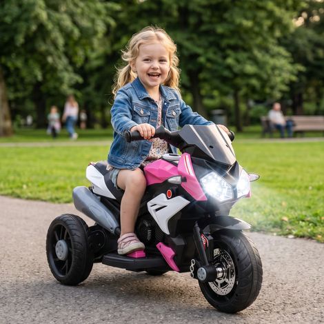 Moto électrique pour enfants de 3 à 5 ans, rose, avec 3 roues, pédales, phare LED, musique et klaxon. (1/5)