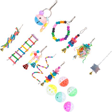 Lot de 15 jouets à suspendre pour oiseaux perroquets, avec clochettes, échelle et perles pour mordiller et jouer. (1/5)