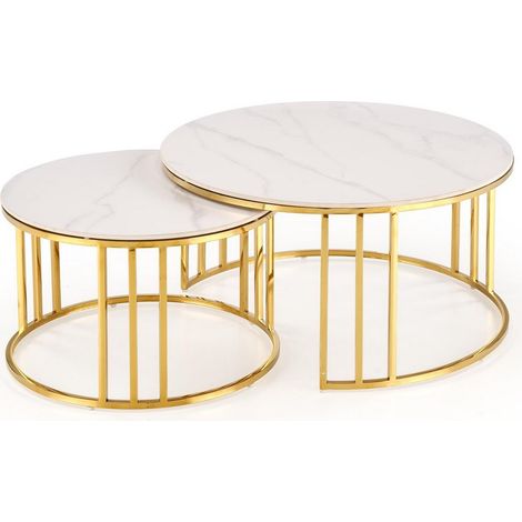 Ensemble de 2 tables basses gigognes rondes dorées et marbre blanc Pansy (1/5)