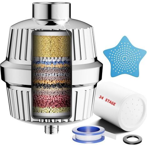 34-stufiger Duschfilter mit Vitamin C für hartes Wasser, Anti-Kalk-Filter mit 2 Kartuschen zur Entfernung von Chlor und Schwermetallen, Chrom-Duschfilter (1/5)