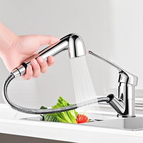 Kitchen Fixture Detachable, 360° Rotary Faucet Kitchen, Dishwasher Fixture Kitchen with Column Type Water Outlet and Shower Water Outlet 2 Mode, Single Mixer Mixing Battery for Kitchen Chrome (1/5)