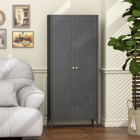 [Métal réglable] Armoire de rangement en métal à 2 portes, armoire de garde-manger de cuisine avec étagères réglables, armoire de rangement en acier pour cuisine, salon, salle à manger et bureau, noir (1/5)