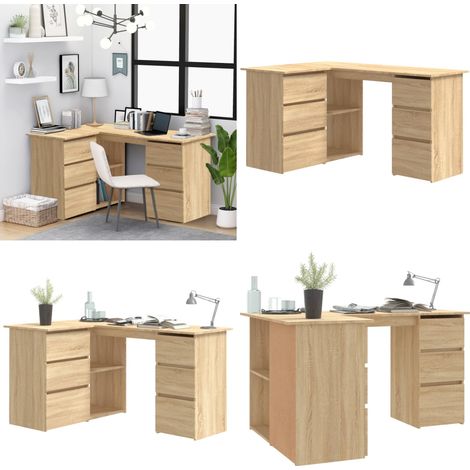 Vidaxl – Bureau d'angle chêne sonoma 145x100x76 cm – Bois d'ingénierie – 4 tiroirs et 2 étagères avec portes – Meuble moderne pour bureau (1/5)