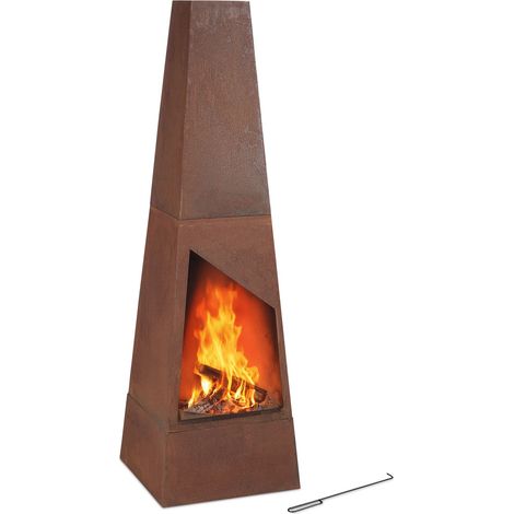 Relaxdays Gartenkamin Cortenstahl, Aschekasten, Feuerrost & Schürhaken, Edelrost Terrassenofen, HBT: 149x45x45cm, braun