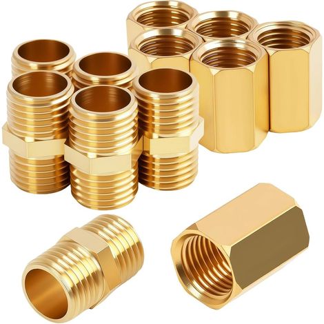 12PCS 1/4 "à 1/4" Femelle et Mâle BSP Filetage Laiton, Raccord 1/4 Pouce BSP Mâle Femelle en Laiton, Manchon 1/4 et Filetage Hexagonal Mamelon, Raccords Doubles pour Air Comprimé, Eau et Gaz (1/5)
