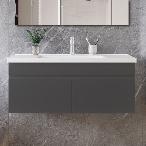 Ocean 99x45x40cm Meuble de salle de bain, meuble sous vasque, avec vasque en céramique, double porte, suspendu, anthracite (1/5)