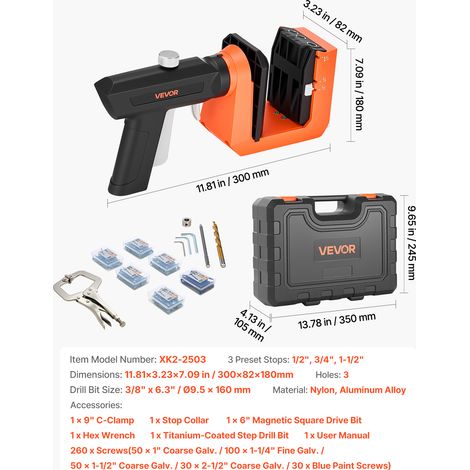 VEVOR Pocket Hole Jig Kit, 1/2", 3/4", 1-1/2" Adjustable, 360° Rotating Handle, Jig Pocket Hole System with 260 Screws, C-Clamp, Stop Collar, Drill Bit, Easy Clamping and Adjusting, for Woodworking (1/4)