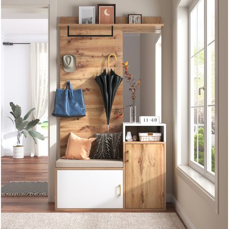Ensemble vestiaire blanc et bois en MDF, 105 x 40 x 190,5 cm, avec miroir, banc, 2 compartiments à chaussures, 4 crochets et tringle – de FLORAGRACE (1/5)