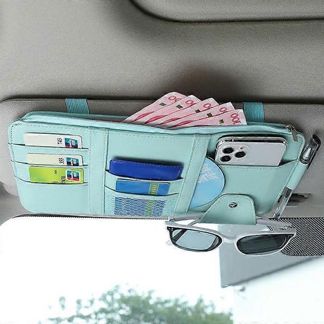 Pare-soleil de voiture, porte-cartes de visite, porte-stylo, porte-CD/DVD, boîte de rangement avec clip pour lunettes de soleil et fermeture éclair (bleu)