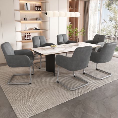 6er-Set Esszimmerstühle 51x45x86 cm aus grauem Leder mit Armlehnen für Wohnzimmer (1/5)