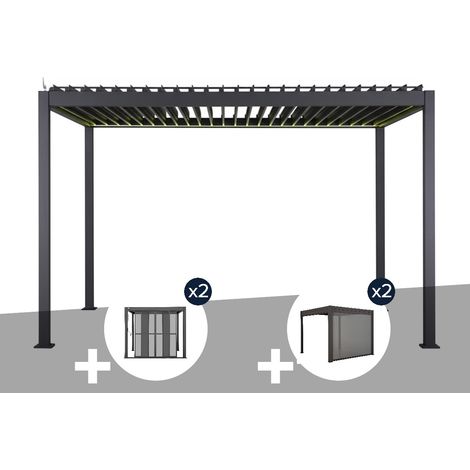 Pergola bioclimatique électrique Evora Graphite - 4 x 3 m + 2 lots de portes coulissantes côté 3 m polycarbonate + 2 stores 4 m - Hespéride