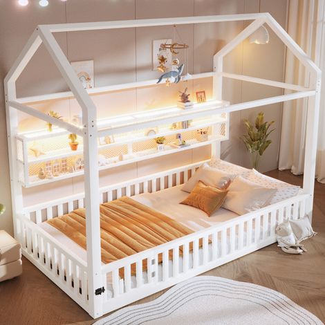Lit cabane enfants 90x200cm avec éclairage LED,métal Lit Enfant avec Garde-Corp,Sans sommier à lattes,sans Matelas(Blanc) (1/5)