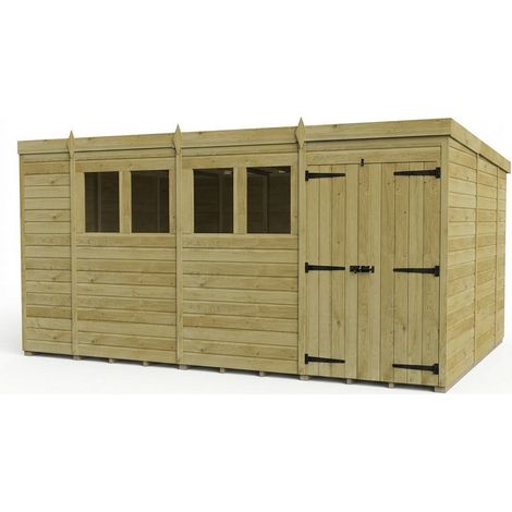 14ft x 10ft Pent Garden Shed Double Door With Windows - Pressure Treated Timber - L427 x W305 x H210 cm - Natural