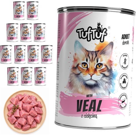 Comida húmeda para gatos TufTuf, ternera, lata de 12 x 400 g, carne en conserva. (1/2)