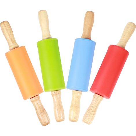 4 Mini-Nudelhölzer mit Holzgriff und Antihaftbeschichtung aus Silikon – ideal für die Küche zu Hause und zum Backen für Kinder. (1/5)