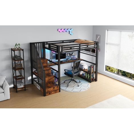 Lit mezzanine, 90 x 200 cm, cadre en fer, étagère de rangement, grille suspendue, bande lumineuse LED, bureau, escalier avec rangement, avec 2 ports USB et 1 prise Type C, sans matelas, noir (1/5)
