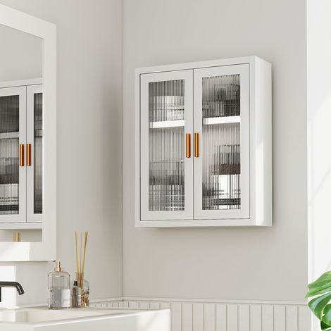 Hoher Badezimmer-Wandschrank mit zwei geriffelten Türen, verstellbarem Einlegeboden, 40 x 14 x 50 cm, weiß