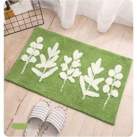 Alfombrilla de baño de chenilla mullida, absorbente y antideslizante, ideal para la ducha, el pasillo, el dormitorio o el salón (45 x 65 cm, estampado de hojas verdes 3). (1/5)