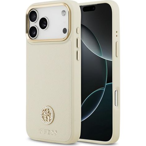 Funda Guess MagSafe con logo y pedrería granulada para iPhone 17 Pro Max, color beige.