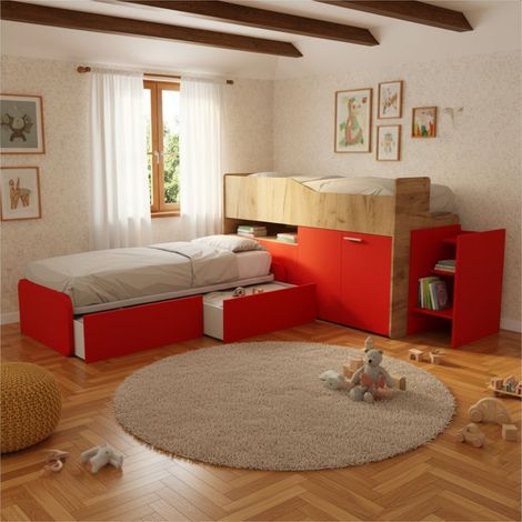 Letti a soppalco contenitori moderni: Design salvaspazio Made in Italy - Quercia e Rosso