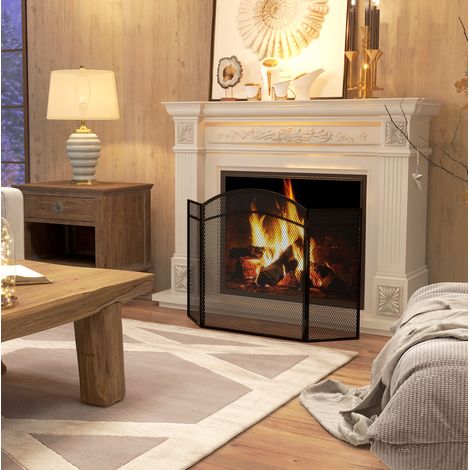 Pare-feu de cheminée 96x1x60 cm en métal noir, pliable gain de place pour salon FloraGrace (1/5)