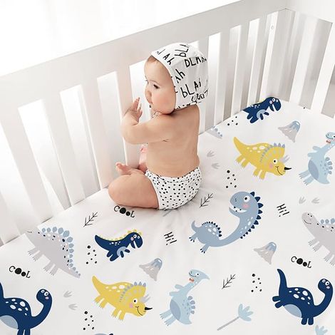 Lenzuolo con angoli per bebè 70x140 cm, letto morbido e traspirante in microfibra di poliestere, universale per culla, Dinosauro (1/3)