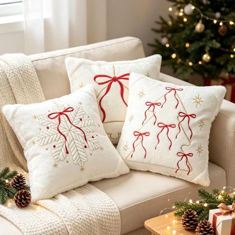 3 Housses de Coussin de Noël 45 × 45 cm, Housses Décoratives Brodées, Motifs Sapin, Cloches et Flocons de Neige, Tissu Pelucheux pour Salon et Canapé (1/5)