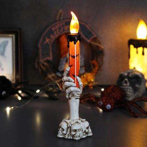 Lot 3 bougeoirs main squelette orange Halloween, lumière LED fantôme, sans flamme, décoration gothique pour fête intérieure ou bar centre de table (1/4)