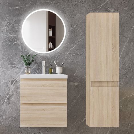 Ocean Ensemble de meubles de salle de bain, 5038,552cm, meuble avec vasque + miroir LED rond + meuble colonne 110cm, Chêne (1/5)