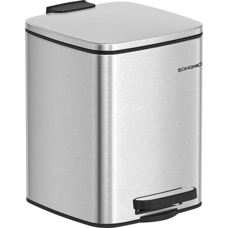 Poubelle de Salle de Bain, Corbeille à Déchets à Pédale avec Couvercle, 6 L, pour les Petits Espaces, Fermeture en Douceur, en Acier, Argent Métallique (1/5)