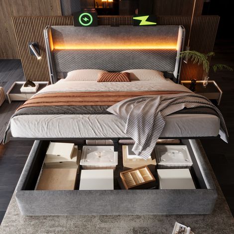 Cama hidráulica con cabecero alto (221x193x121 cm), LED, almacenamiento, USB y Type C, lino gris (1/5)