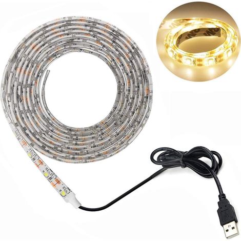 Bande LED USB étanche de 5 m (16,4 pi), SMD 3528 5 V, blanc froid, éclairage d'écran PC, rétroéclairage TV, ruban lumineux