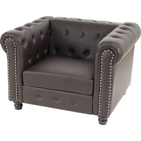 Poltrona stile vittoriano Chesterfield ecopelle 90x109x74cm marrone piedi rotondi