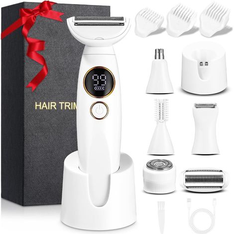 Rasoir Electrique Femme, 5 en 1 Tondeuse Femme Intime, Rasoir Femme Electrique avec Station de USB Rechargeable, Tondeuse Maillot Femme, pour Le Corps, Les Aisselles, Le Bikini, Les Sourcils et Le Nez (1/5)