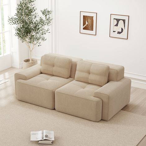 Divano modulare in velluto a coste beige, seduta profonda 74 cm, design boneless senza montaggio (1/5)