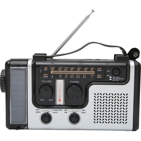 Radio à manivelle LED AM/FM/SW, radio d'urgence extérieure à dynamo solaire avec lampe torche portable et lampe torche intégrée (1/5)