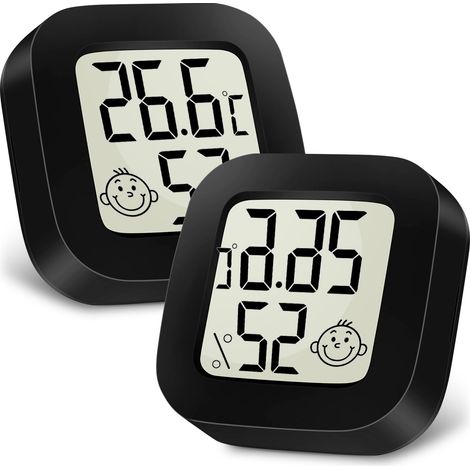 Thermomètre Hygromètre Interieur, 2PCS Mini LCD Termometre Maison, Moniteur de Température et Humidimètre Indicateur du Niveau de Convient pour Les Chambres D'enfants, Maison, Bureau (Noir) (1/5)