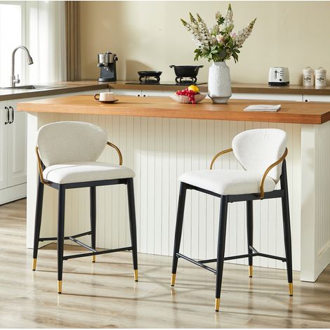 REDOM - Sgabello da bar, regolabile in altezza, con poggiapiedi e schienale, struttura in metallo, tessuto in ciniglia beige, nero e oro. (1/5)