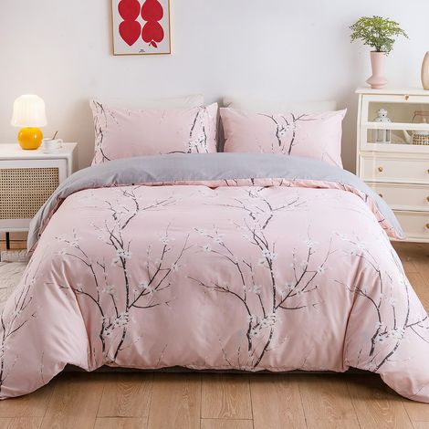 Set Housse de Couette à Motif Fleurs et Branches et 2 x Taies d'oreiller 50x75 cm Parure de Lit Floral Microfibre Moderne avec Fermeture Eclair – Rose 200x200