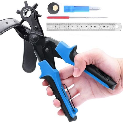 Perforatrice Cuir，Poinçon À Ceinture Professional,avec 2 Plaques De Perforation Supplémentaires Et 1 Règle Comprimé Pince Parfait Pour Ceintures, Travaux Manuels Etc (bleu)