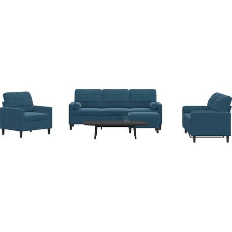 4-tlg. Sofagarnitur mit Kissen und Nackenrollen Blau Samt (1/5)