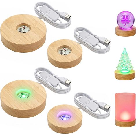 socles LED en bois pour verre acrylique – Socle lumineux LED rond en bois éclairé avec 7 couleurs changeantes de lumière et port USB pour cristal, bijoux, lampe, art du verre, décoration (1/5)